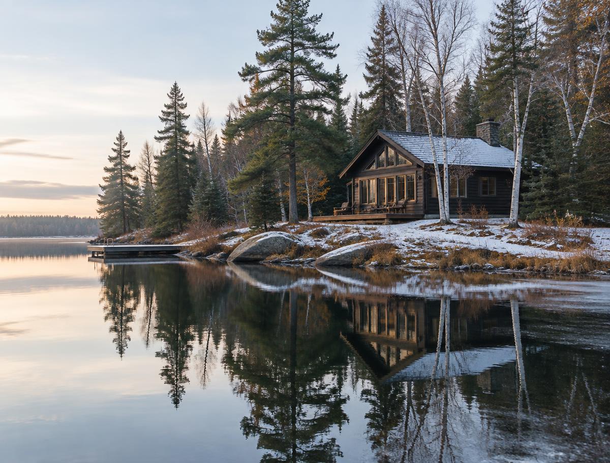 Lakeside cabin among Minnesota pines at the edge of winter
