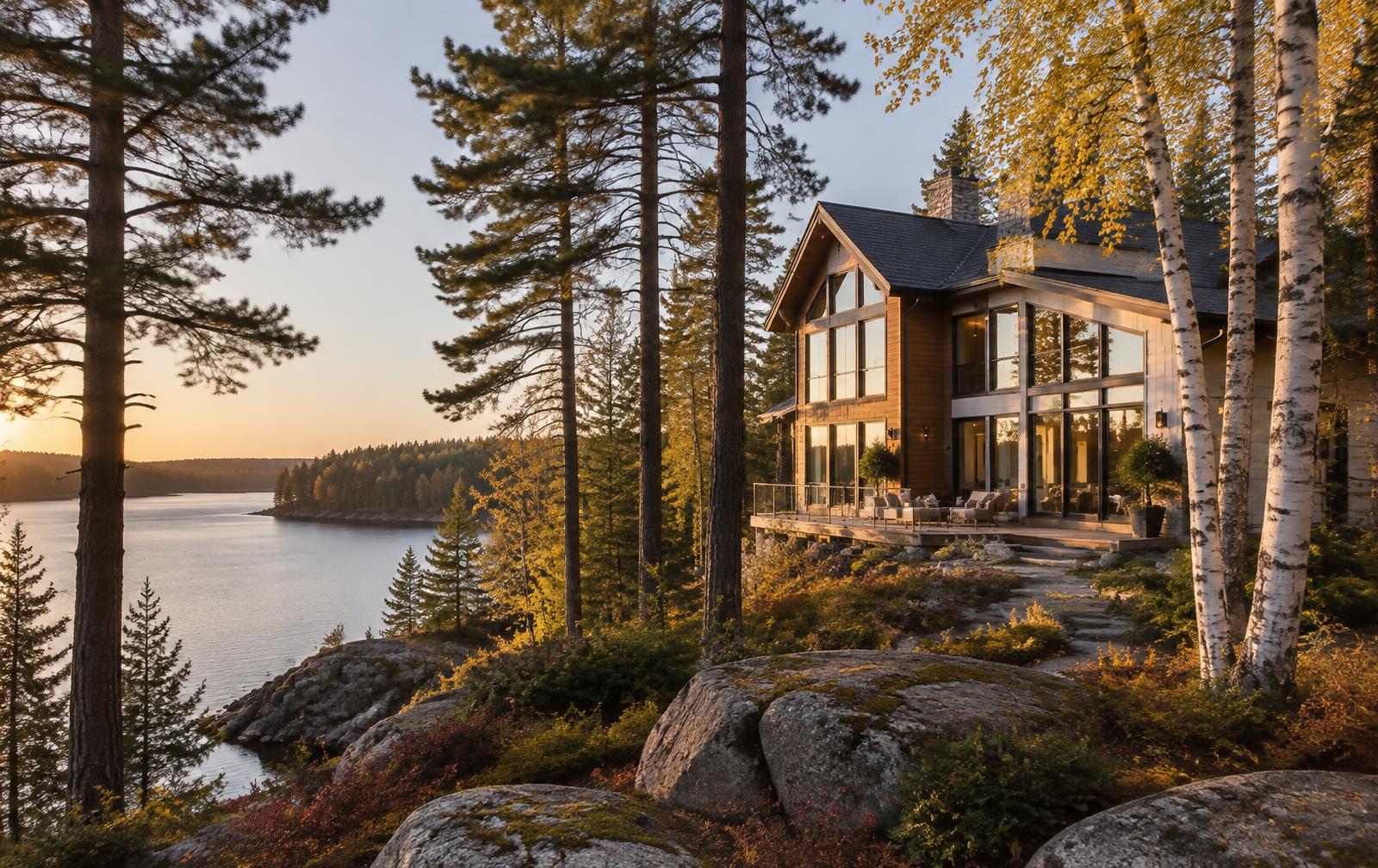 Minnesota lakeside home among pines and birch trees